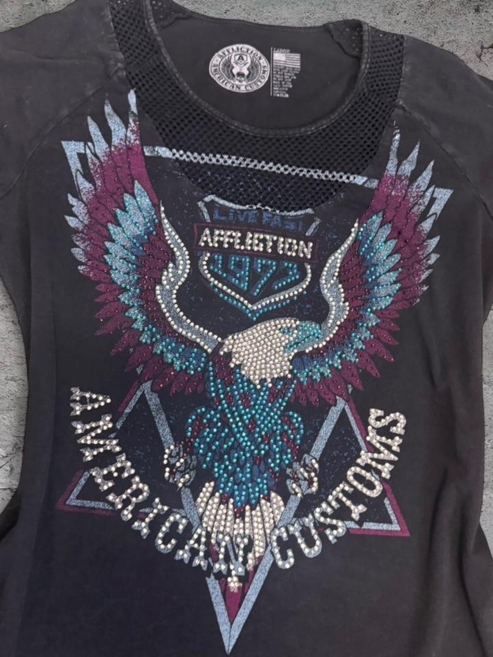Affliction Bedazzled black blue Y2K Tee